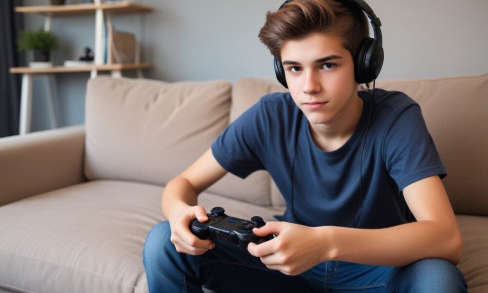 Teenager playing video games