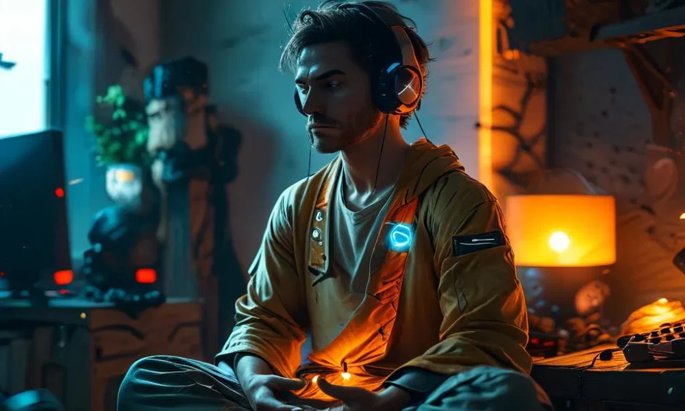 Gamer meditating in his room