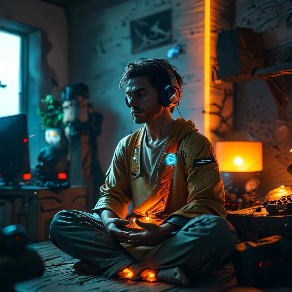 Gamer meditating in his room