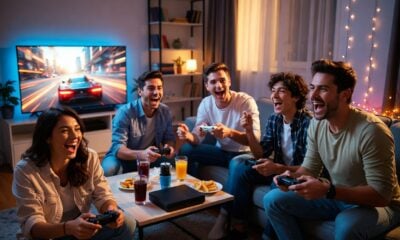 Friends playing video games and having fun