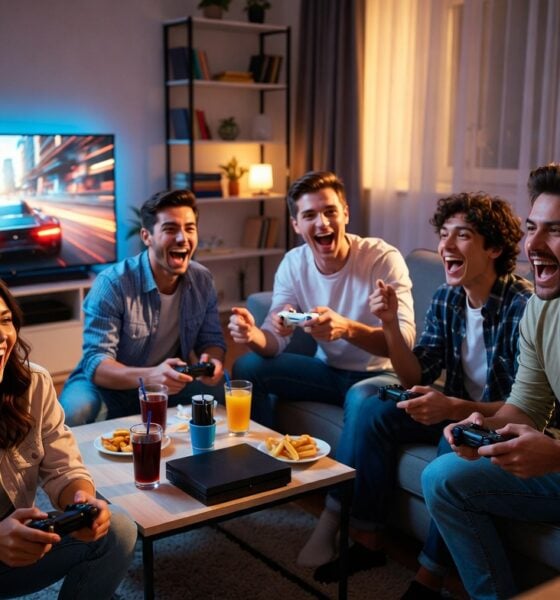 Friends playing video games and having fun