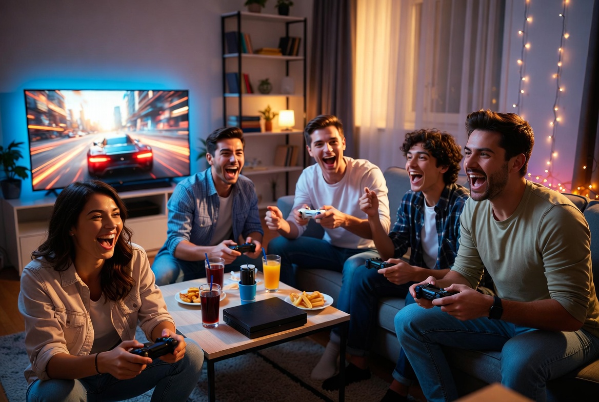 Friends playing video games and having fun
