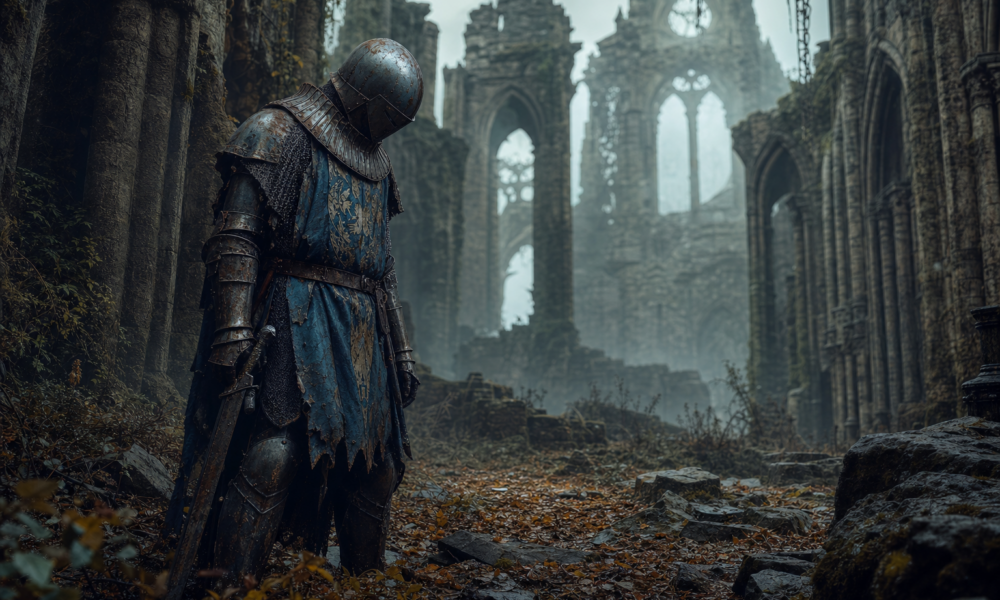 Knight stands in misty, ancient ruins, somber atmosphere