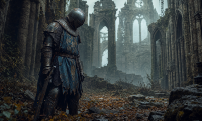 Knight stands in misty, ancient ruins, somber atmosphere