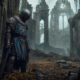 Knight stands in misty, ancient ruins, somber atmosphere