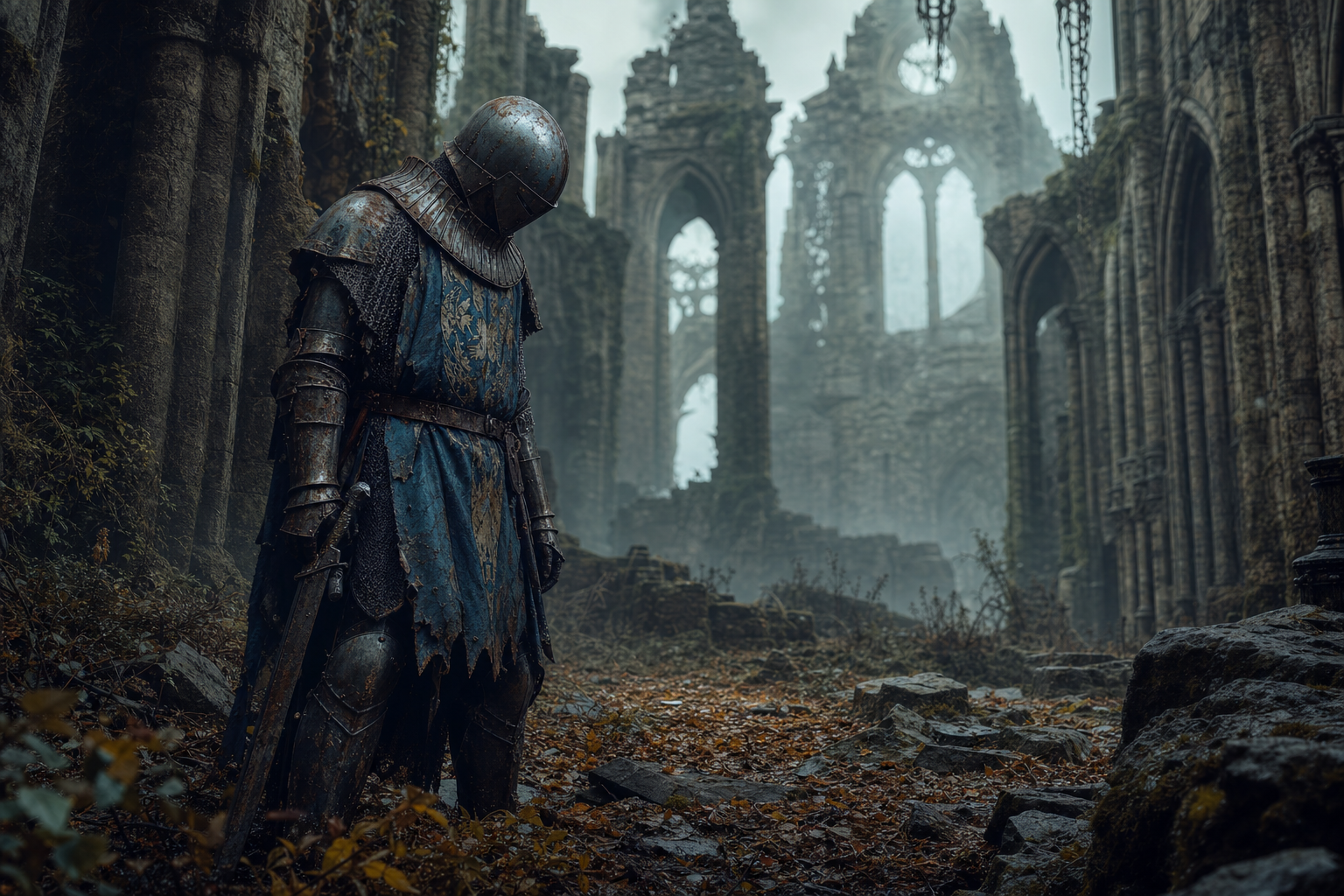 Knight stands in misty, ancient ruins, somber atmosphere