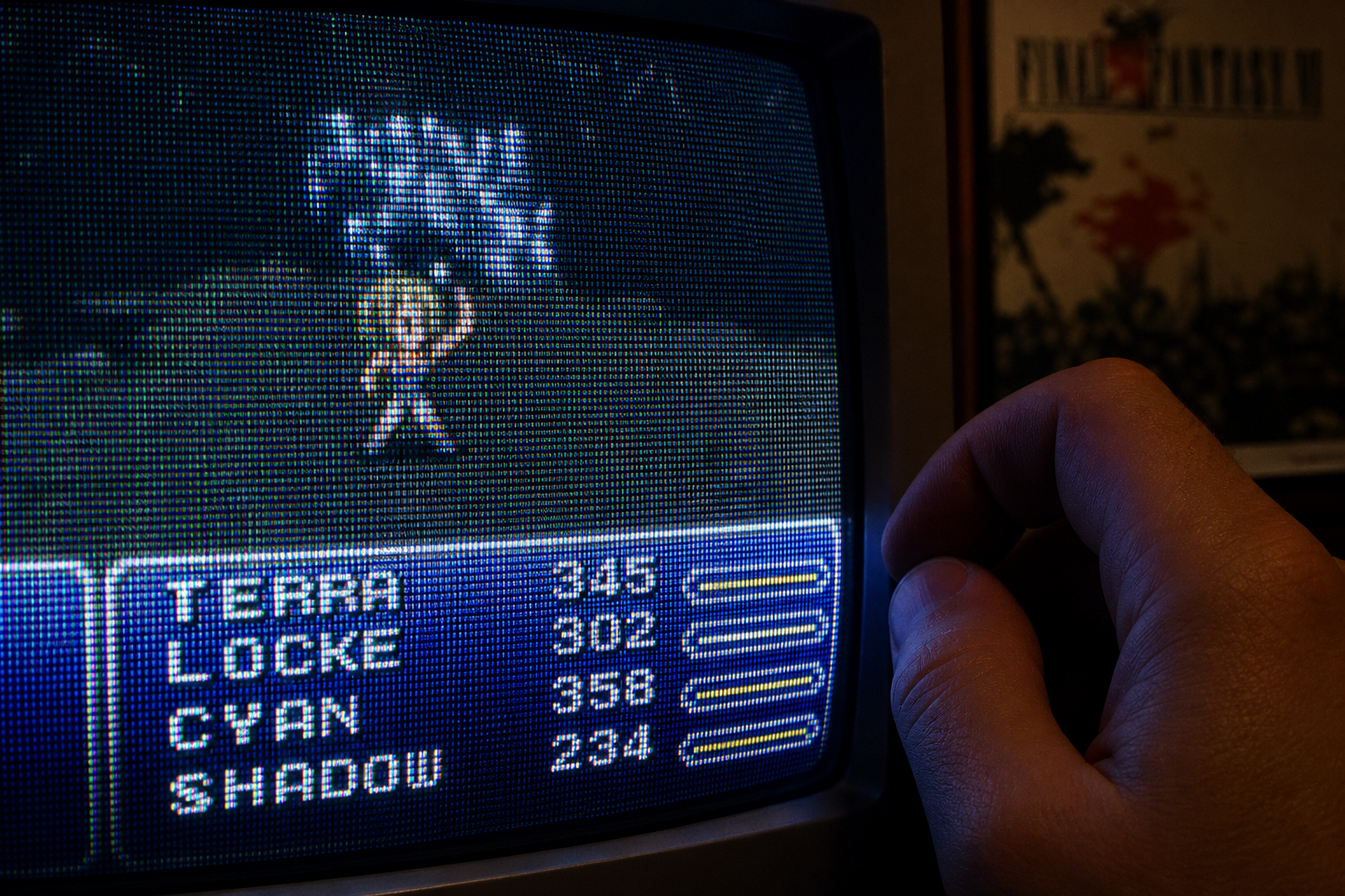 Person plays retro game on CRT monitor, adjusting settings