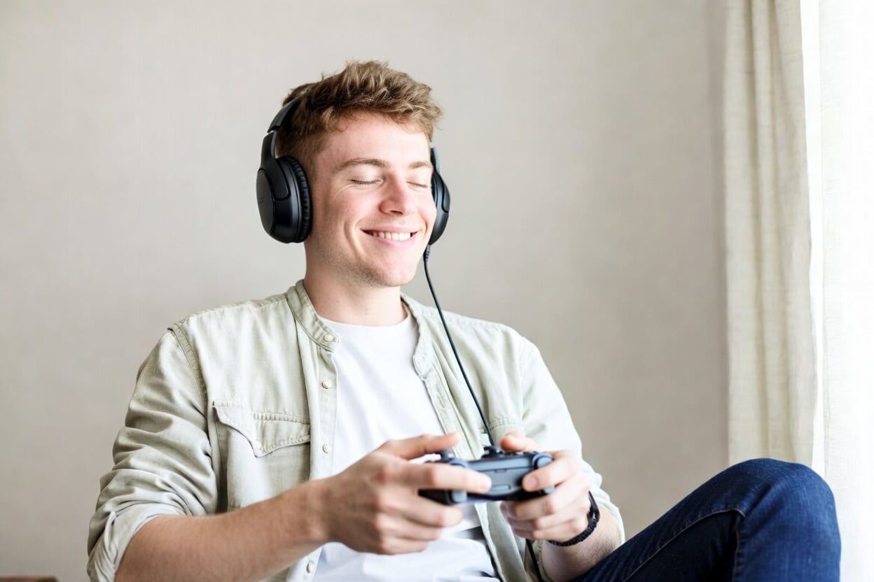Man playing video game and listening to Music