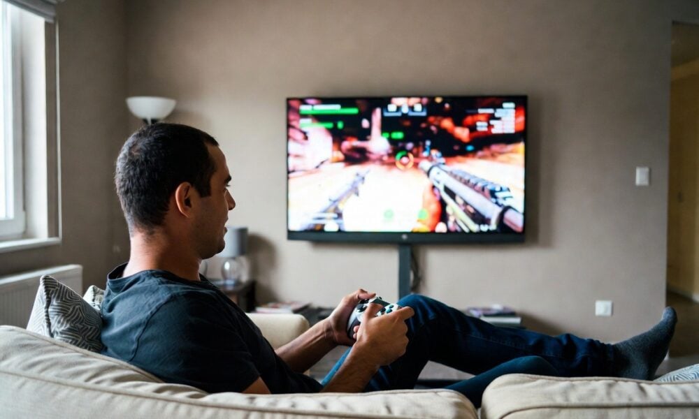 Man playing video game on sofa