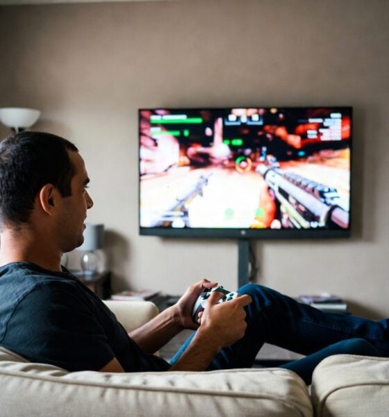 Man playing video game on sofa