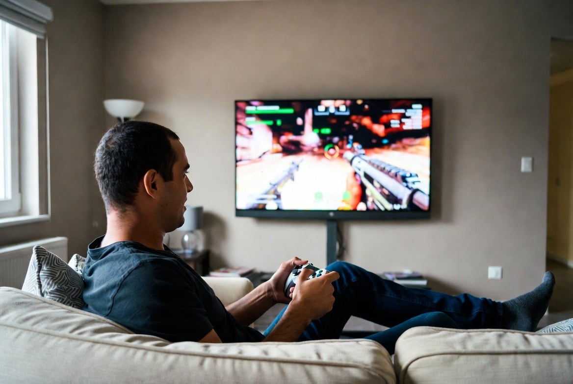 Man playing video game on sofa