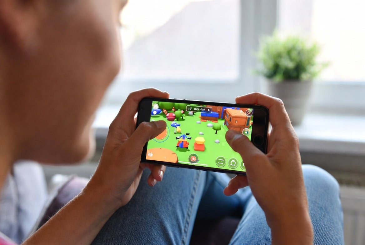 Woman playing video game on her smartphone
