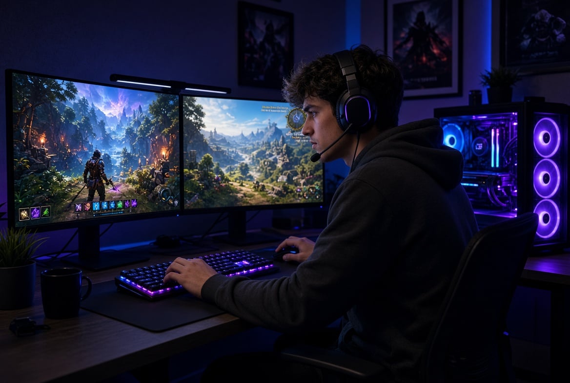 Gamer on two monitors