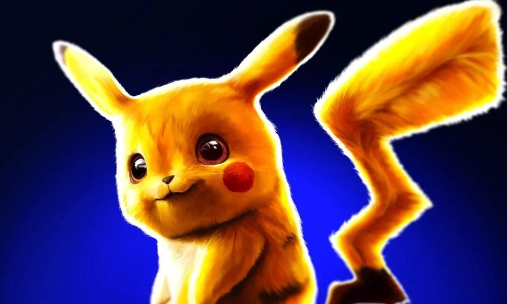 Pikachu, a yellow Electric Mouse Pokémon, stands with ears and tail lifted against a deep blue backdrop 