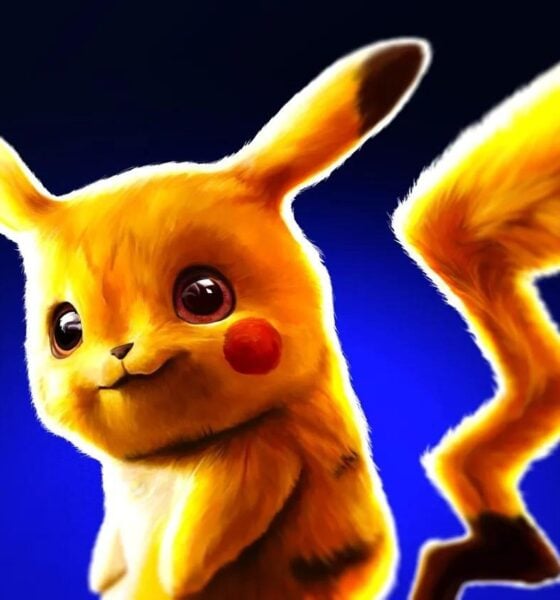 Pikachu, a yellow Electric Mouse Pokémon, stands with ears and tail lifted against a deep blue backdrop 