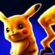 Pikachu, a yellow Electric Mouse Pokémon, stands with ears and tail lifted against a deep blue backdrop 