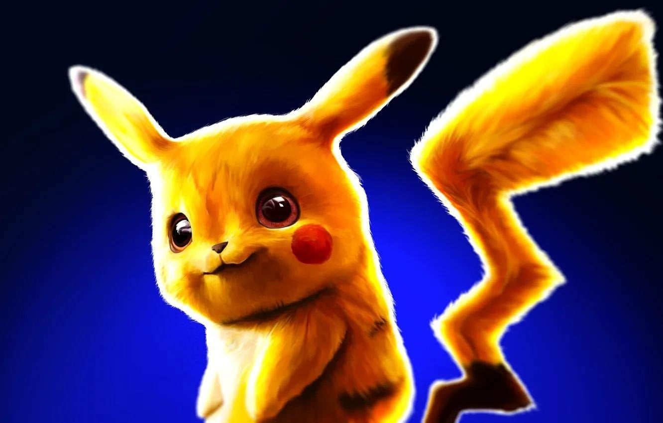 Pikachu, a yellow Electric Mouse Pokémon, stands with ears and tail lifted against a deep blue backdrop 